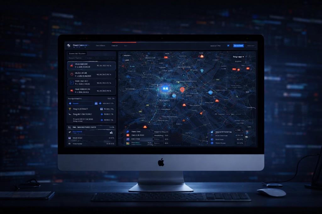 CivilControl — επιχειρησιακό ταμπλό σε iMac, χάρτης και δεδομένα σε πραγματικό χρόνο